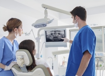 Dental team member dentist and patient looking at digital x-rays